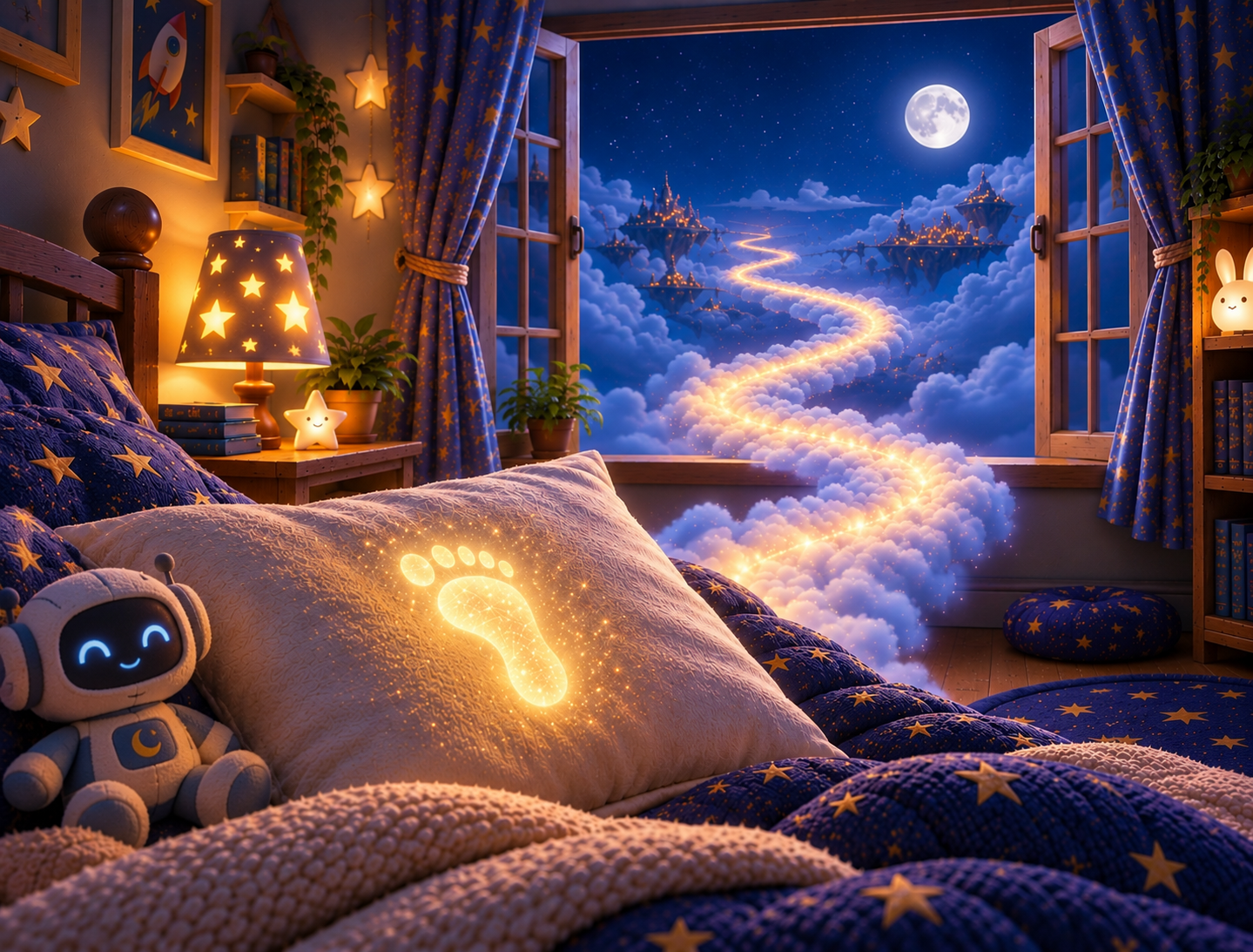 A cozy bedroom at night with a glowing footprint path leading to cloud castles