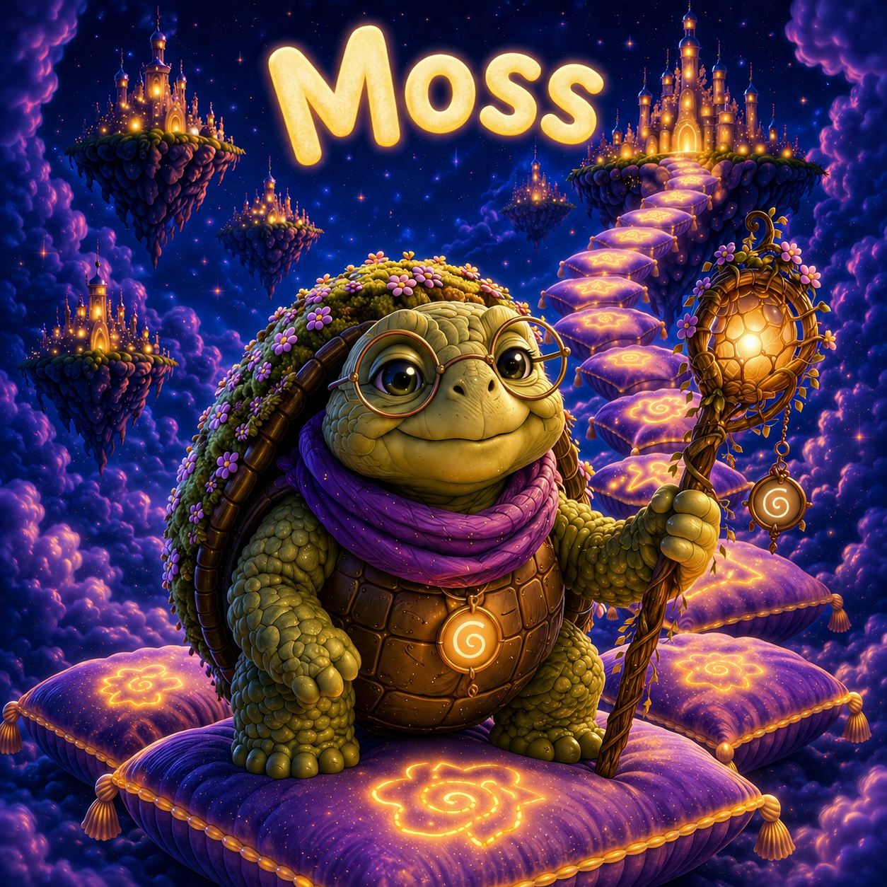 Moss, a wise mossy turtle with round glasses and a lantern staff on the pillow path