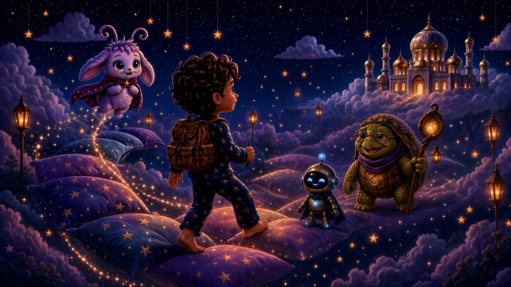 A boy climbing a glowing staircase of pillows toward a castle in the clouds with his friends