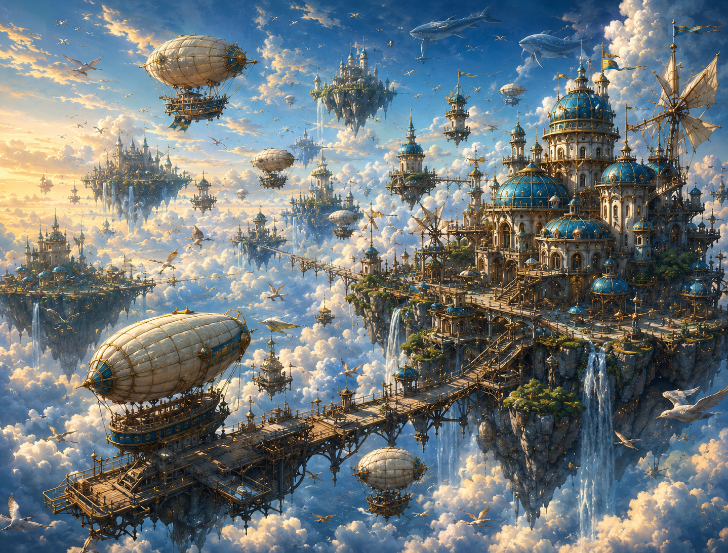Floating sky islands with brass airships and domed castles in the clouds