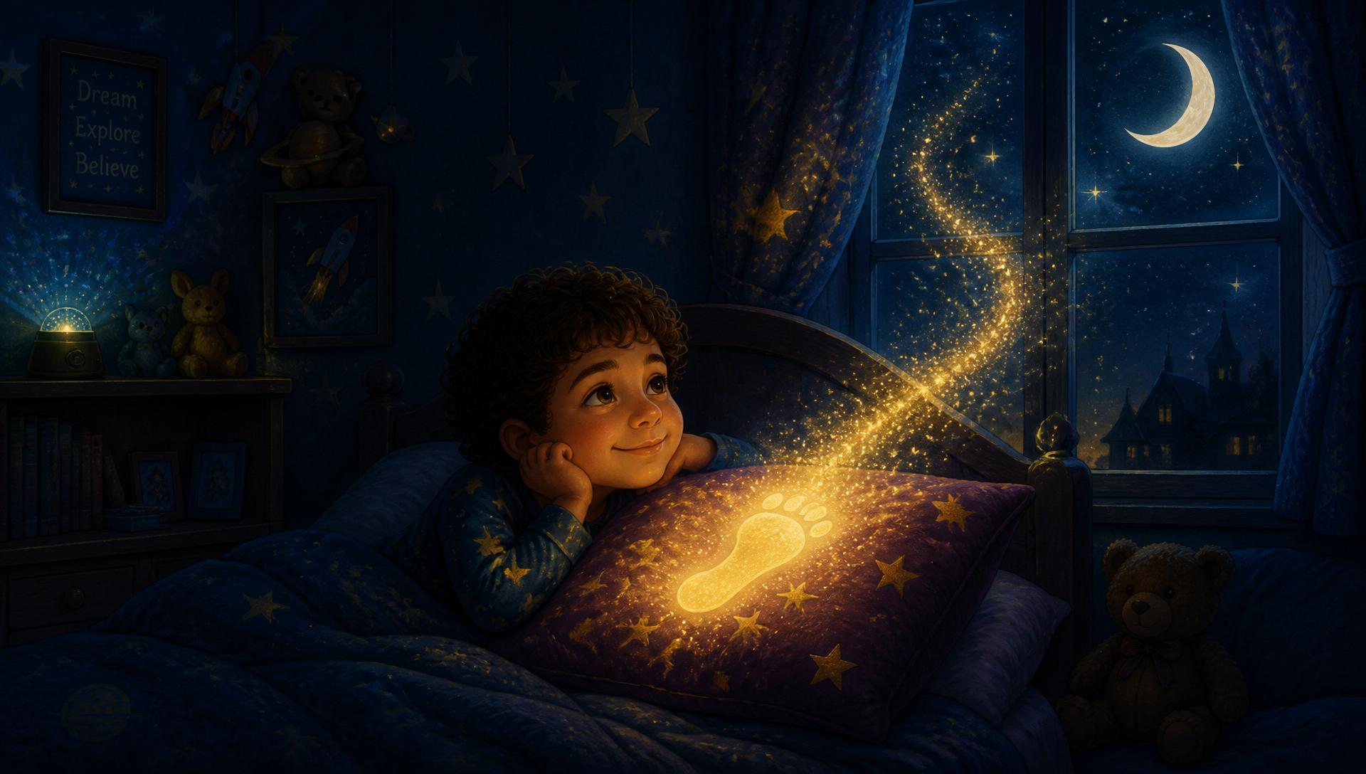 A boy in bed hugging a glowing star-covered pillow as golden sparkles drift to the window