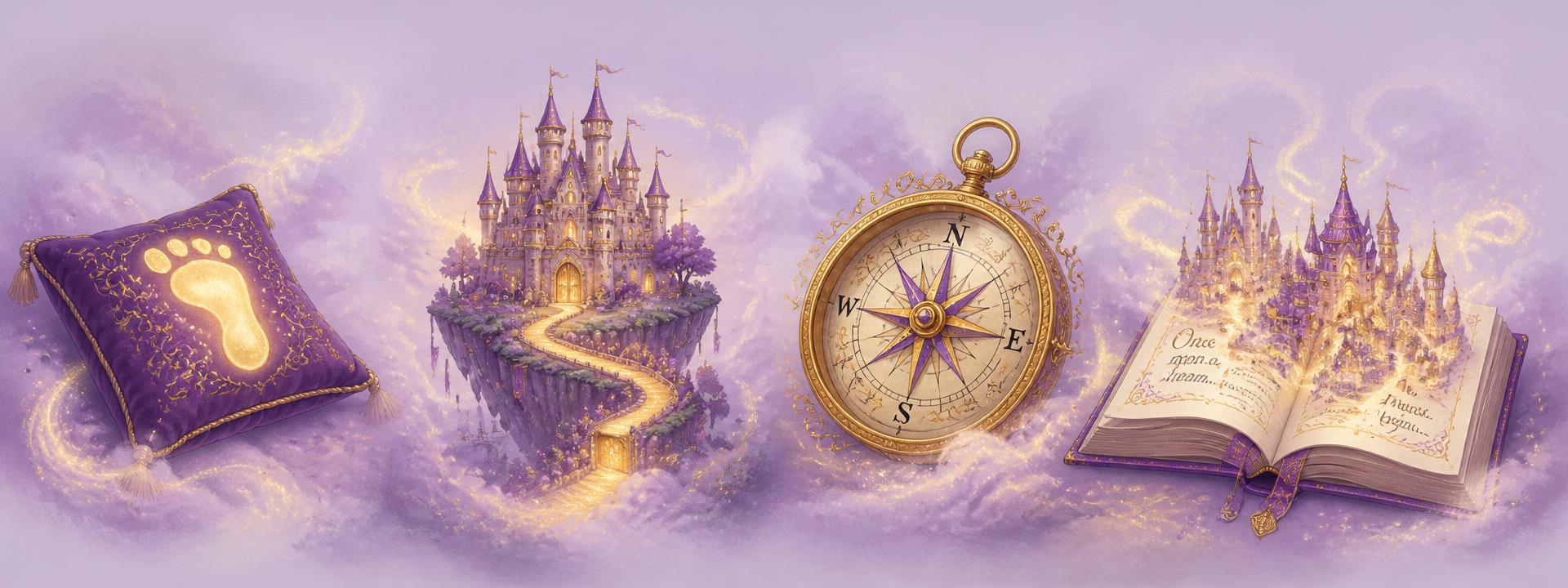 A dreamy lavender scene with a glowing pillow, a floating castle island, a golden compass and an open storybook